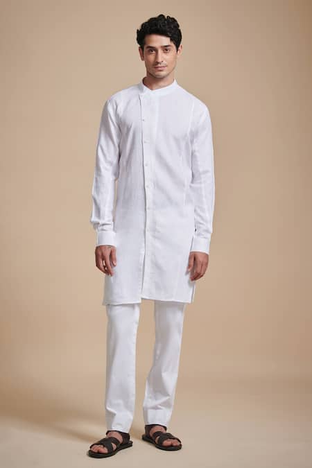 Raghavendra Rathore Blue Linen Mandarin Collar Kurta 