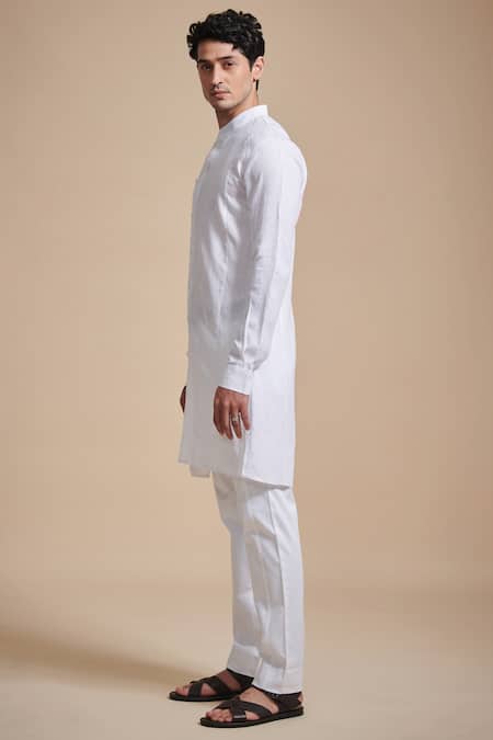 Raghavendra Rathore Blue_White Linen Mandarin Collar Kurta_Online_at_Aza_Fashions