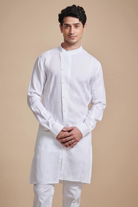 Buy_Raghavendra Rathore Blue_White Linen Mandarin Collar Kurta_Online_at_Aza_Fashions