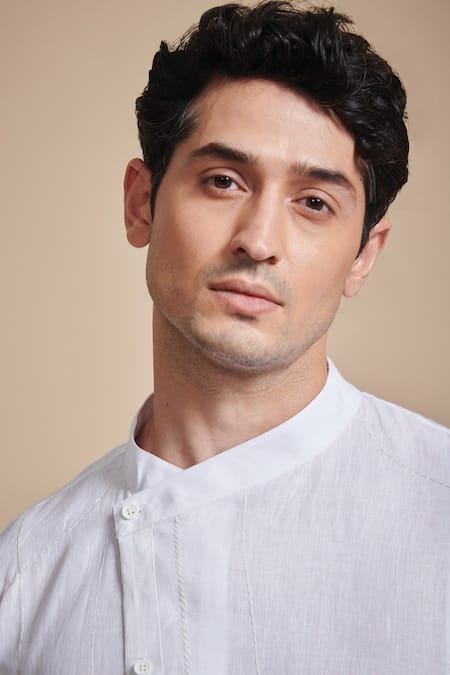 Shop_Raghavendra Rathore Blue_White Linen Mandarin Collar Kurta_Online_at_Aza_Fashions