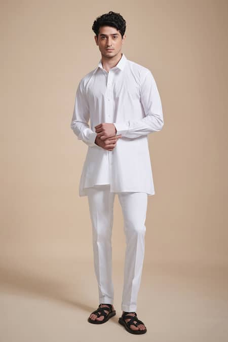 Raghavendra Rathore Blue White Cotton Spread Collar Kurta 