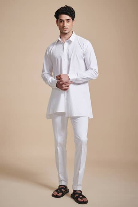 Raghavendra Rathore Blue White Cotton Plain Kurta Set 