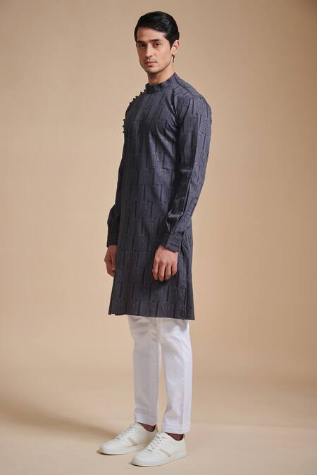 Raghavendra Rathore Blue_Grey Cotton Geometric Print Kurta _Online_at_Aza_Fashions