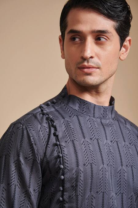 Shop_Raghavendra Rathore Blue_Grey Cotton Geometric Print Kurta _Online_at_Aza_Fashions