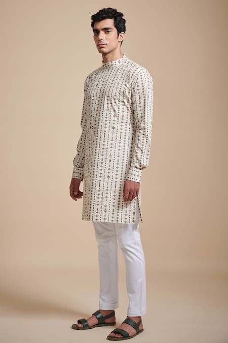Raghavendra Rathore Blue_Cream Cotton Poplin Linear Print Kurta _Online_at_Aza_Fashions