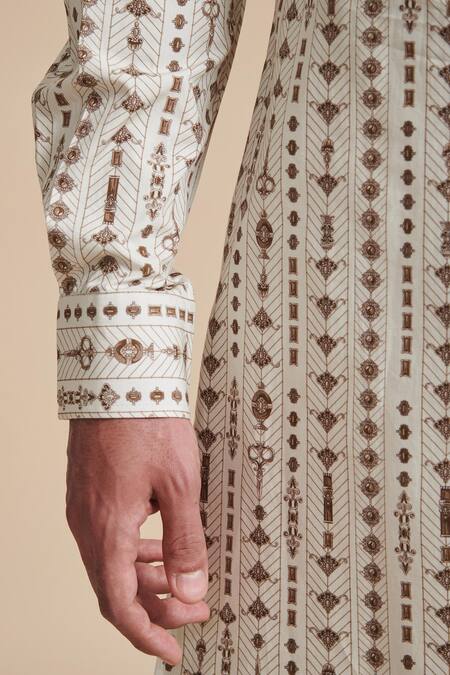 Shop_Raghavendra Rathore Blue_Cream Cotton Poplin Linear Print Kurta _Online_at_Aza_Fashions