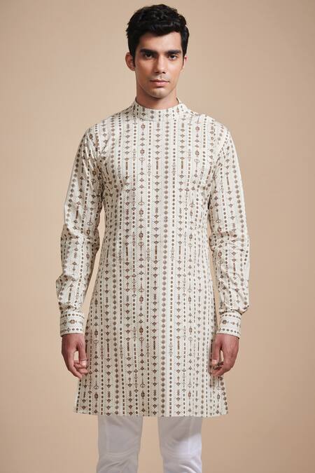 Raghavendra Rathore Blue_Beige Satin, Poplin Linear Print Short Kurta Set _Online_at_Aza_Fashions
