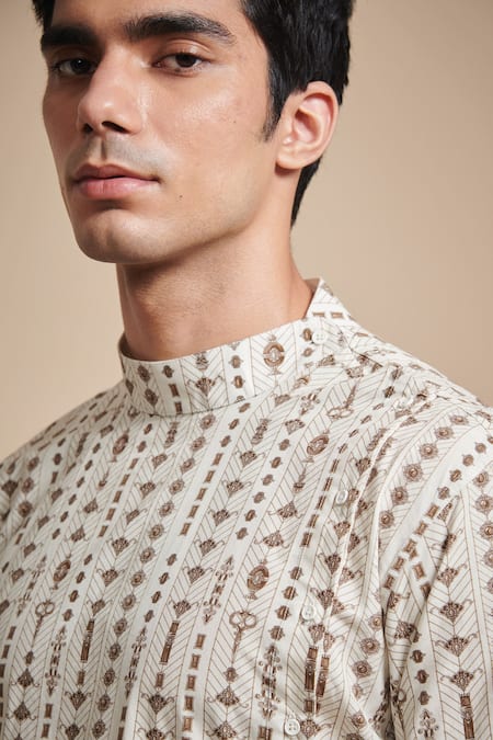 Buy_Raghavendra Rathore Blue_Beige Satin, Poplin Linear Print Short Kurta Set _Online_at_Aza_Fashions