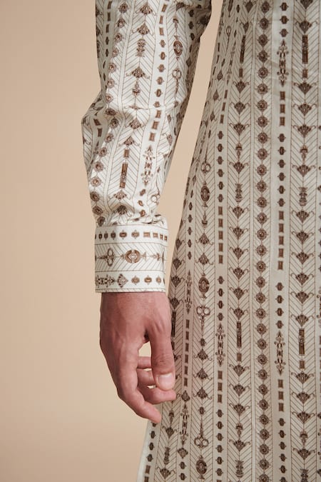 Shop_Raghavendra Rathore Blue_Beige Satin, Poplin Linear Print Short Kurta Set _Online_at_Aza_Fashions