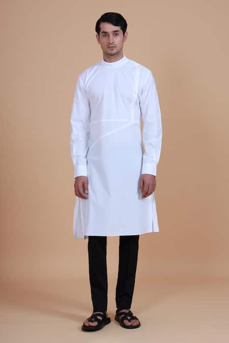 Raghavendra Rathore Blue_White Cotton Satin Plain Mandarin Collar Kurta_Online_at_Aza_Fashions