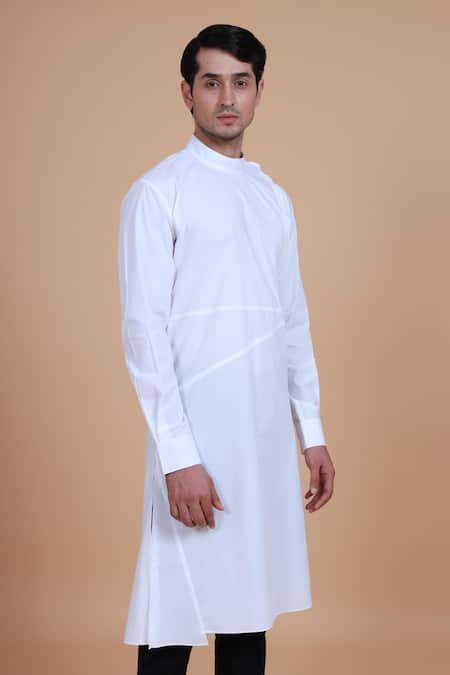 Buy_Raghavendra Rathore Blue_White Cotton Satin Plain Mandarin Collar Kurta_Online_at_Aza_Fashions