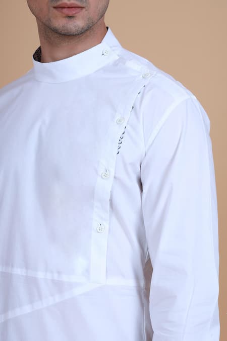 Raghavendra Rathore Blue_White Cotton Satin Plain Mandarin Collar Kurta_at_Aza_Fashions