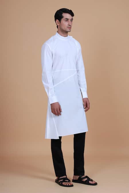 Raghavendra Rathore Blue_White , Satin Plain Mandarin Collar Kurta Set_Online_at_Aza_Fashions