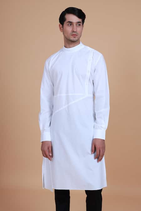 Buy_Raghavendra Rathore Blue_White , Satin Plain Mandarin Collar Kurta Set_Online_at_Aza_Fashions