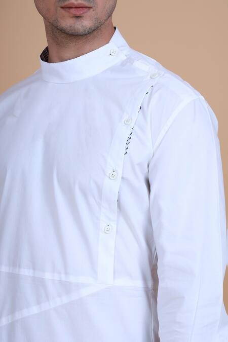Shop_Raghavendra Rathore Blue_White , Satin Plain Mandarin Collar Kurta Set_Online_at_Aza_Fashions