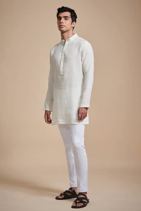 Raghavendra Rathore Blue Linen Mandarin Collar Kurta 