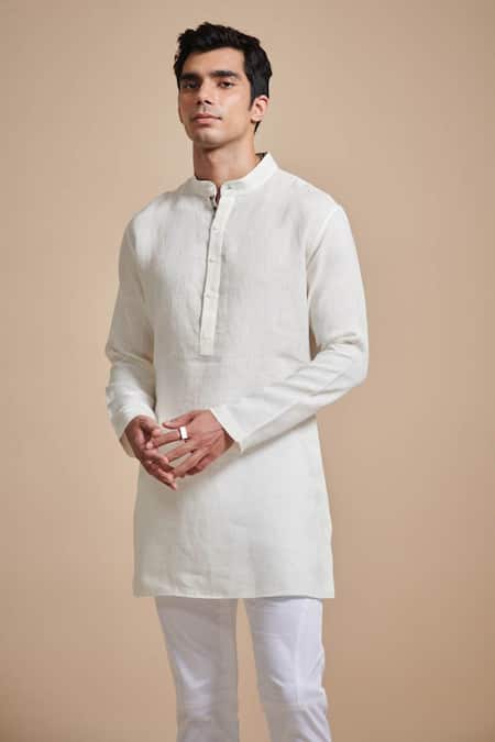 Raghavendra Rathore Blue Linen Mandarin Collar Kurta 