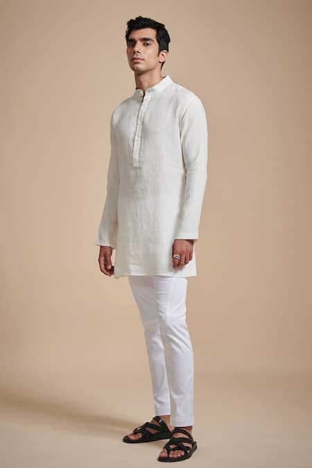 Raghavendra Rathore Blue White Linen Plain Mandarin Collar Kurta Set 