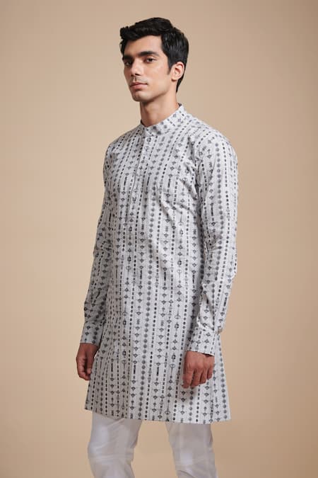 Buy_Raghavendra Rathore Blue_Black Cotton Poplin Linear Print Kurta_Online_at_Aza_Fashions