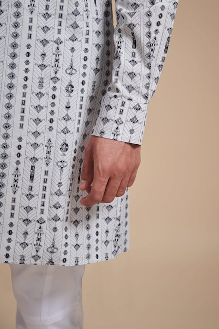 Shop_Raghavendra Rathore Blue_Black Cotton Poplin Linear Print Kurta_Online_at_Aza_Fashions