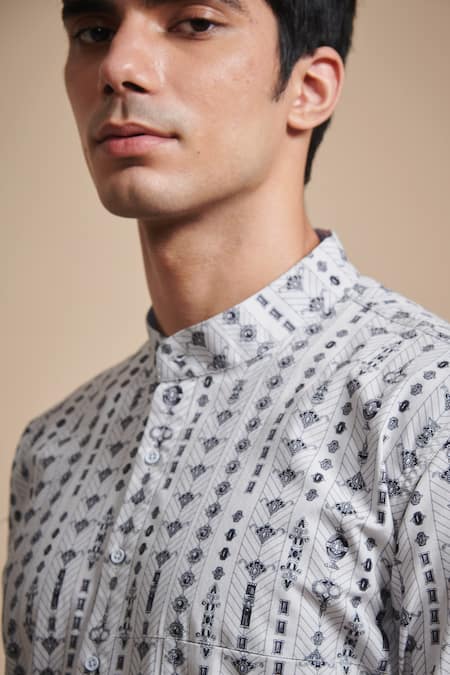 Raghavendra Rathore Blue_Black Cotton Poplin Linear Print Kurta_at_Aza_Fashions