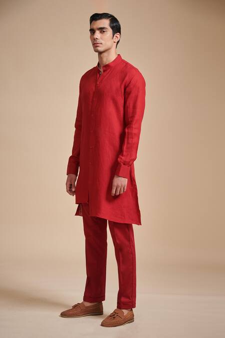 Raghavendra Rathore Blue_Red Linen Mandarin Collar Kurta_Online_at_Aza_Fashions