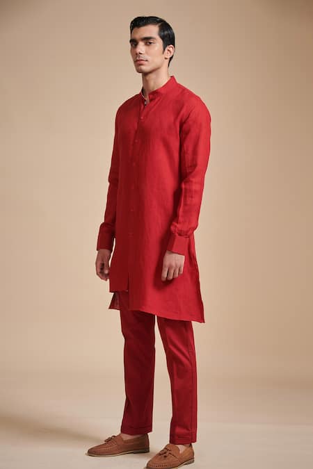 Raghavendra Rathore Blue_Red Linen Plain Mandarin Collar Kurta Set _Online_at_Aza_Fashions