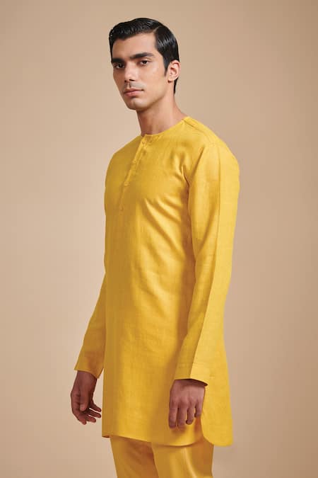 Raghavendra Rathore Blue Yellow Linen Round Neck Kurta Online at Aza Fashions Raghavendra Rathore Blue_Yellow Linen Round Neck Kurta _Online_at_Aza_Fashions