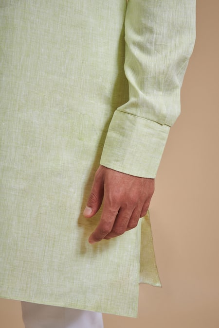 Raghavendra Rathore Blue_Beige Cotton Satin, Linen Plain Pintuck Kurta Set_Online_at_Aza_Fashions