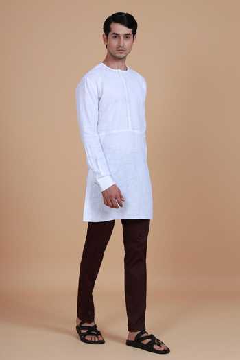 Raghavendra Rathore Blue_White , Satin Plain Kurta Set_Online_at_Aza_Fashions