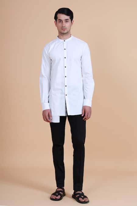 Raghavendra Rathore Blue White Cotton Plain Asymmetric Kurta 