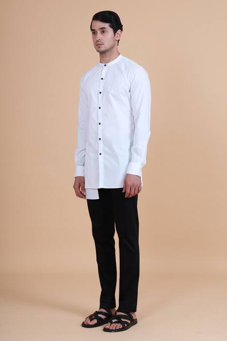 Raghavendra Rathore Blue_White Cotton Plain Asymmetric Kurta _Online_at_Aza_Fashions