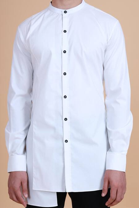 Shop_Raghavendra Rathore Blue_White Cotton Plain Asymmetric Kurta _Online_at_Aza_Fashions