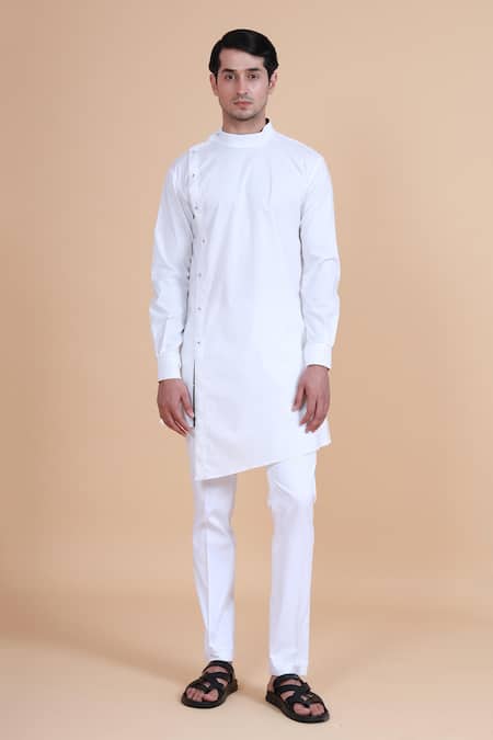 Buy_Raghavendra Rathore Blue_White Cotton Plain Asymmetric Kurta _Online_at_Aza_Fashions