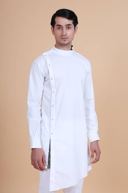 Shop_Raghavendra Rathore Blue_White Cotton Plain Asymmetric Kurta _Online_at_Aza_Fashions