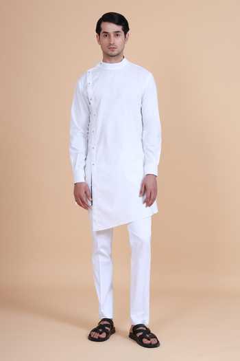 Raghavendra Rathore Blue_White , Satin Plain Asymmetric Kurta Set_Online_at_Aza_Fashions