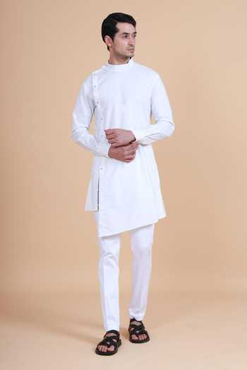 Buy_Raghavendra Rathore Blue_White , Satin Plain Asymmetric Kurta Set_Online_at_Aza_Fashions