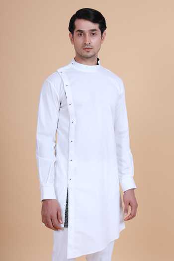 Shop_Raghavendra Rathore Blue_White , Satin Plain Asymmetric Kurta Set_Online_at_Aza_Fashions
