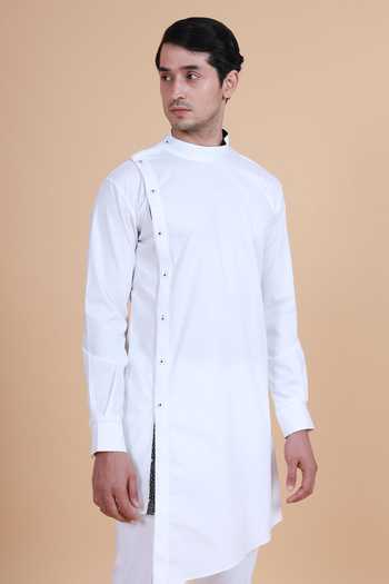 Raghavendra Rathore Blue_White , Satin Plain Asymmetric Kurta Set_at_Aza_Fashions