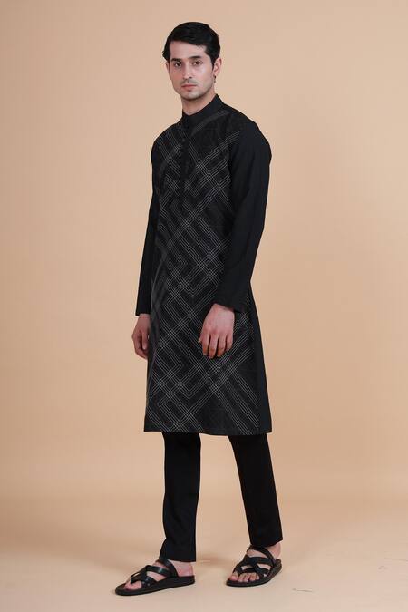 Raghavendra Rathore Blue_Black Silk Geometric Textured Kurta _Online_at_Aza_Fashions