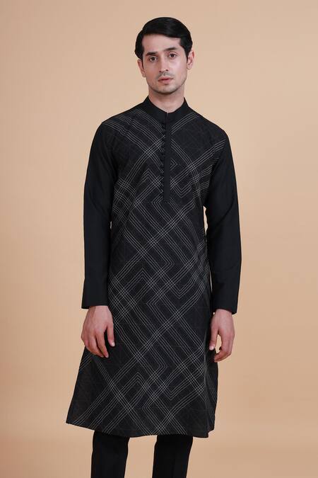 Buy_Raghavendra Rathore Blue_Black Silk Geometric Textured Kurta _Online_at_Aza_Fashions