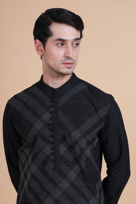 Shop_Raghavendra Rathore Blue_Black Silk Geometric Textured Kurta _Online_at_Aza_Fashions