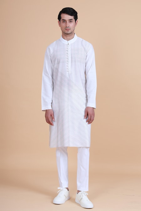 Raghavendra Rathore Blue_White Silk Printed Geometric Embroidered Kurta _Online_at_Aza_Fashions