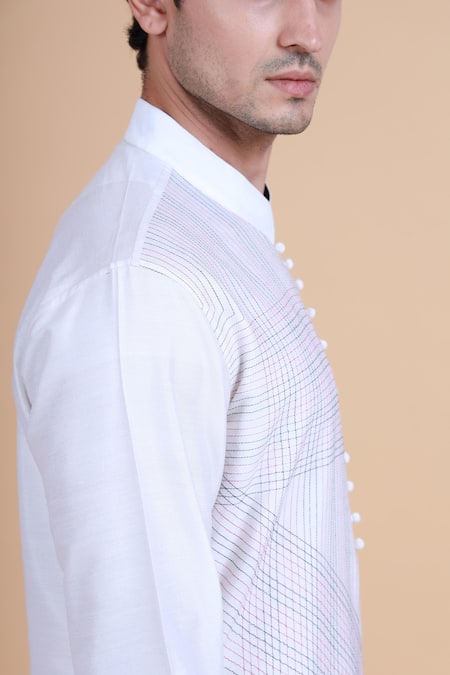Shop_Raghavendra Rathore Blue_White Silk Printed Geometric Embroidered Kurta _Online_at_Aza_Fashions