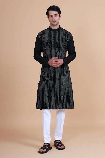 Raghavendra Rathore Blue Black Silk Embroidery Thread Kurta 