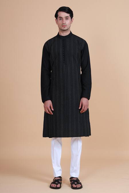 Raghavendra Rathore Blue_Black Silk Thread Embroidered Kurta _Online_at_Aza_Fashions