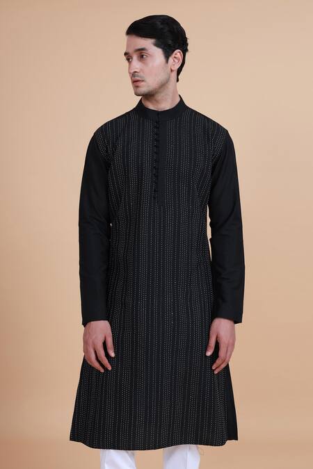 Buy_Raghavendra Rathore Blue_Black Silk Thread Embroidered Kurta _Online_at_Aza_Fashions
