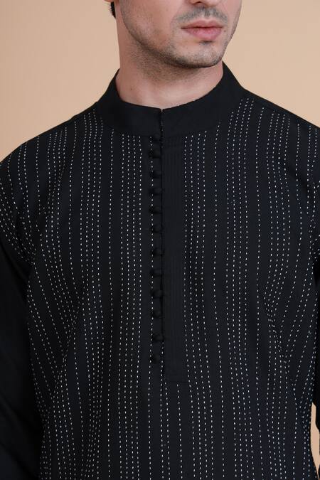 Shop_Raghavendra Rathore Blue_Black Silk Thread Embroidered Kurta _Online_at_Aza_Fashions