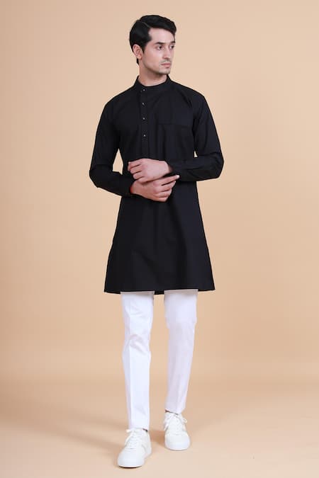 Raghavendra Rathore Blue Black Cotton Plain Mandarin Collar Kurta 