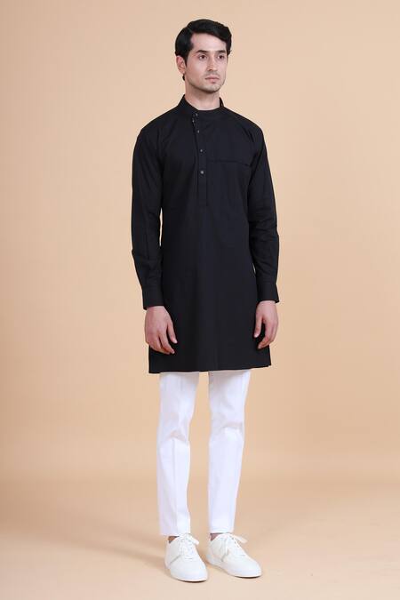 Raghavendra Rathore Blue_Black Cotton Plain Mandarin Collar Kurta _Online_at_Aza_Fashions